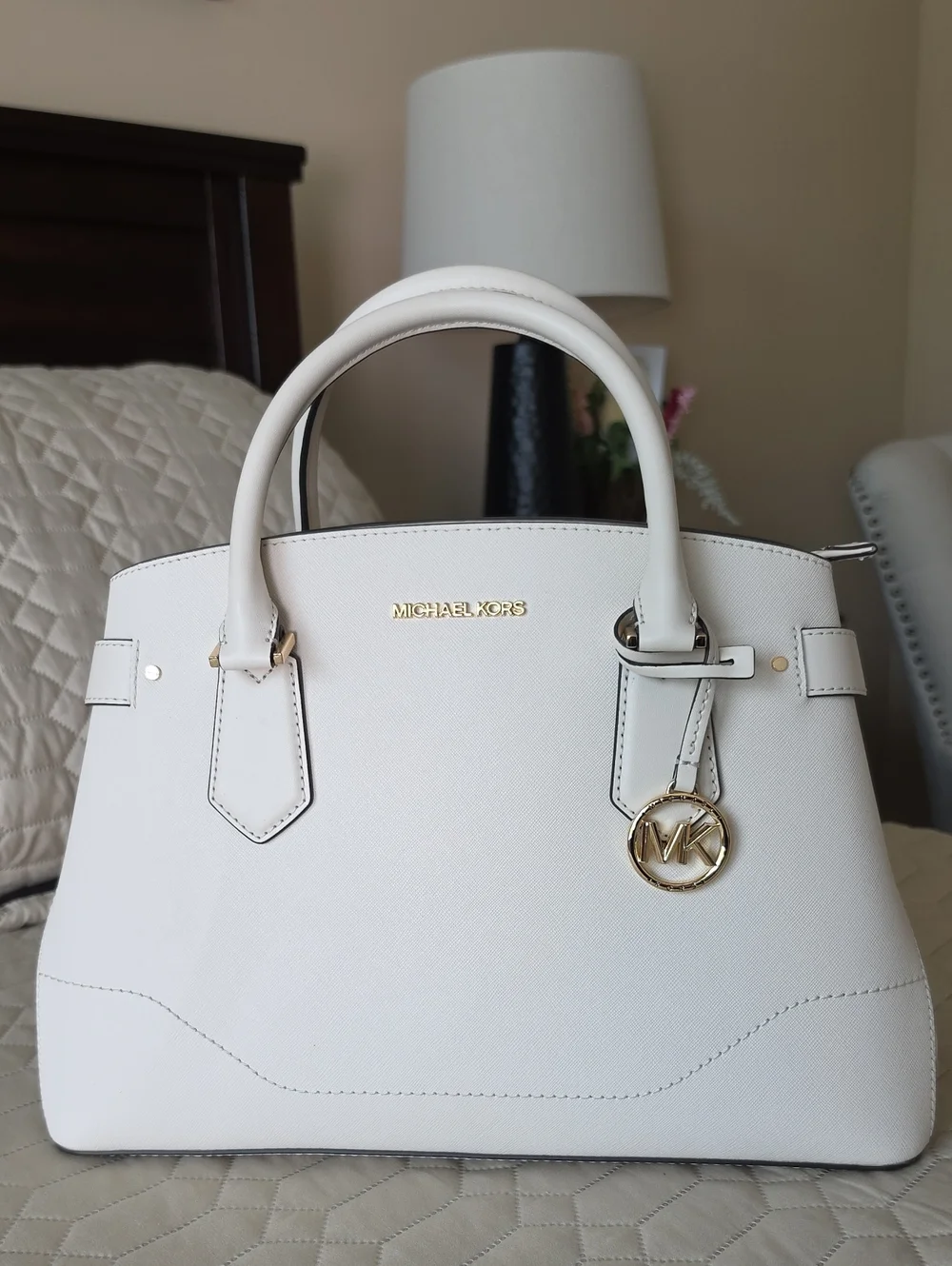 Michael Kors White Saffiano Satchel with Gold Hardware